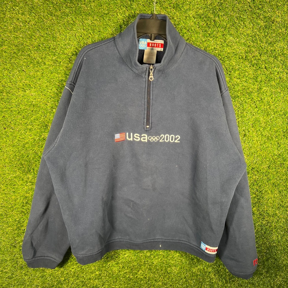 Vintage Roots 2002 USA Olympic Team Quarter Zip Sweatshirt Navy Blue Mens Large